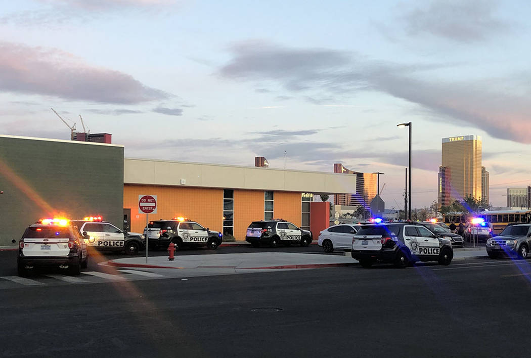 Police investigate an area around Bell Elementary School in Las Vegas on Friday, March 6, 2020. ...