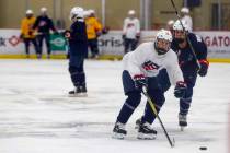 In this photo taken Monday, Nov. 4, 2019, Kendall Coyne-Schofield, center, a member of the U.S. ...