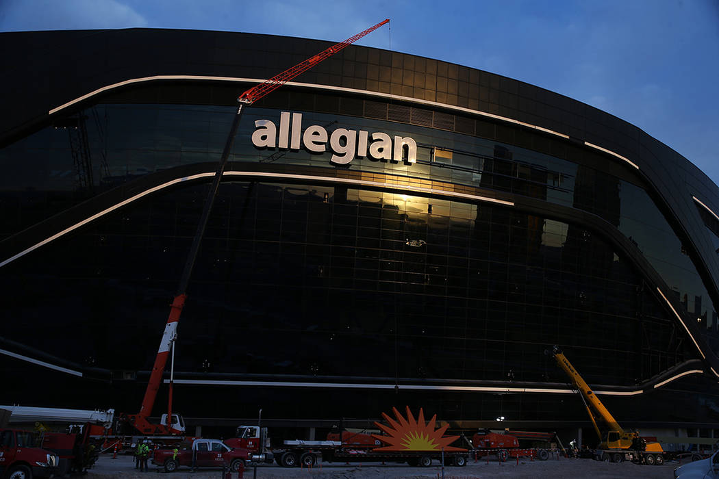 The sunrise reflects at the Raiders Allegiant Stadium in Las Vegas, Saturday, March 7, 2020. (E ...