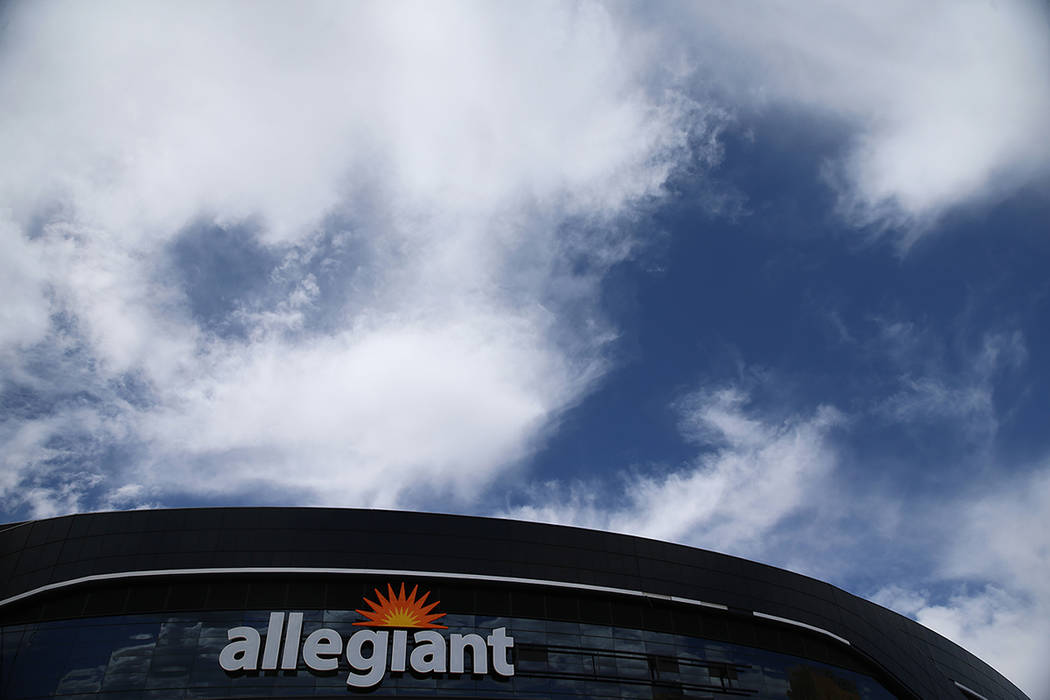 The newly installed signage at the Raiders Allegiant Stadium in Las Vegas, Saturday, March 7, 2 ...