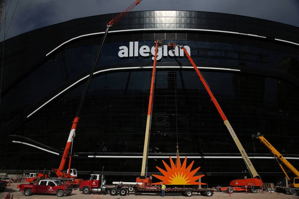 The signage is installed at the Raiders Allegiant Stadium in Las Vegas, Saturday, March 7, 2020 ...