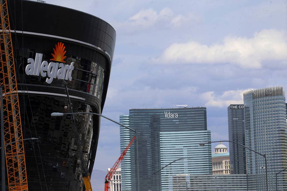 The newly installed signage at the Raiders Allegiant Stadium in Las Vegas, Saturday, March 7, 2 ...