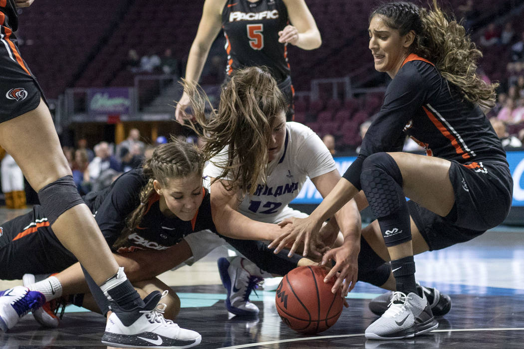 University of the Pacific's forward Savannah Whitehead (10), left and guard Kaylin Randwaha (21 ...