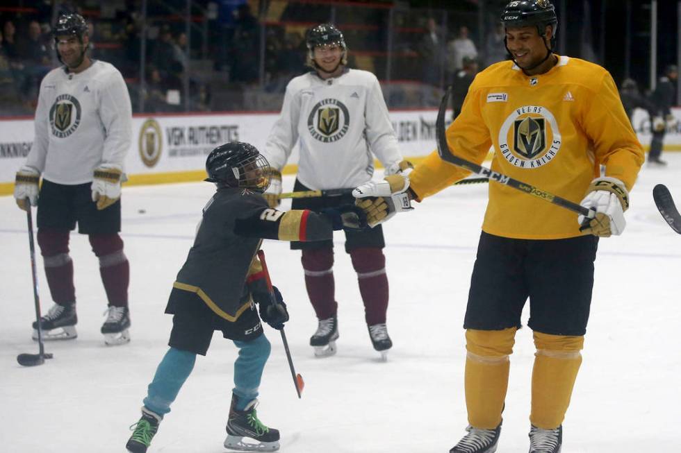 Make-A-Wish kid Arjun Jain, 12, of Somerset, N.J. fist-pumps Vegas Golden Knights right wing Ry ...