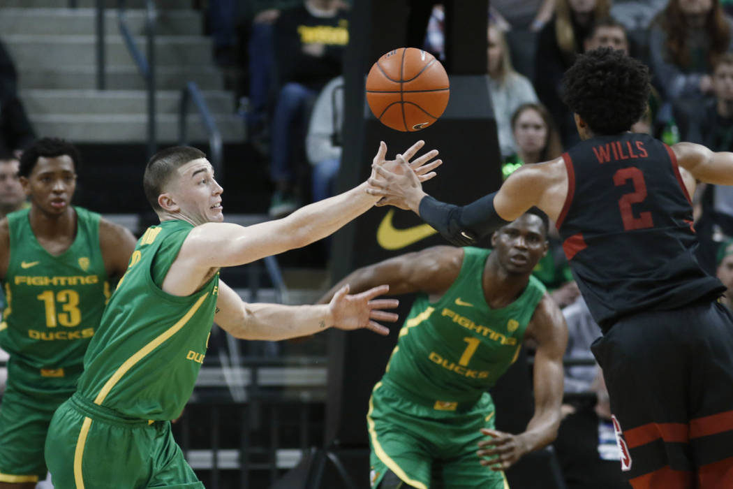 Oregon guard Payton Pritchard (3) steals the ball from Stanford guard Bryce Wills (2) during th ...