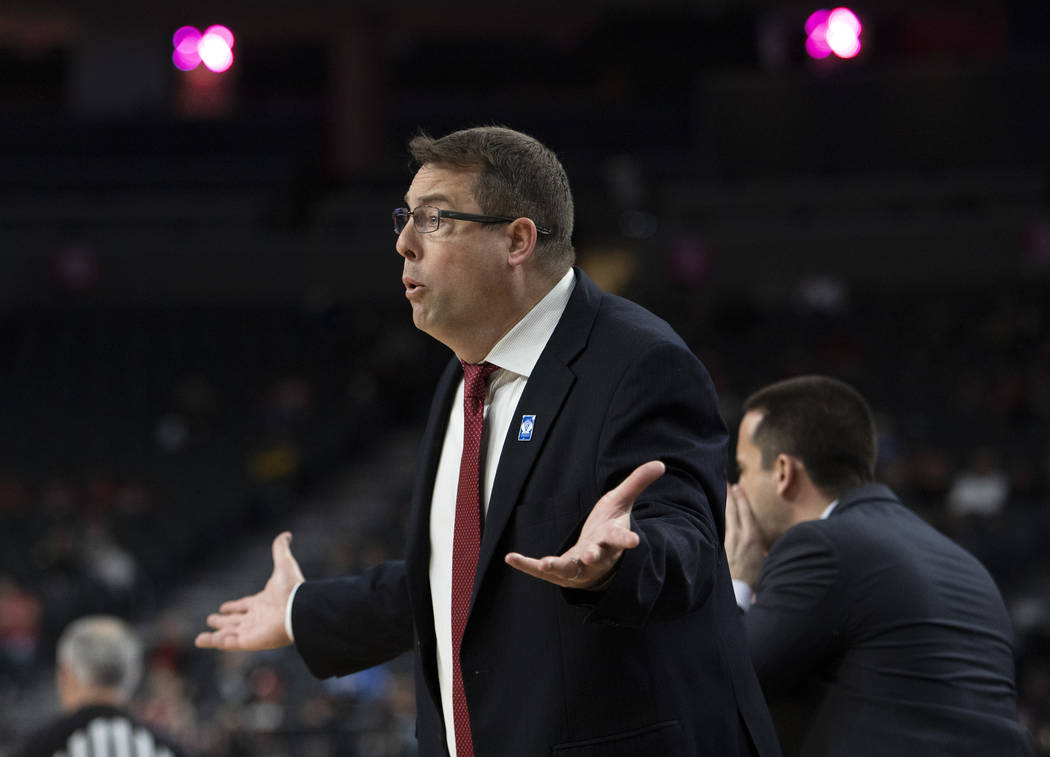 Stanford's head coach Jerod Haase shouts at a call by a referee during the game against Stanfor ...