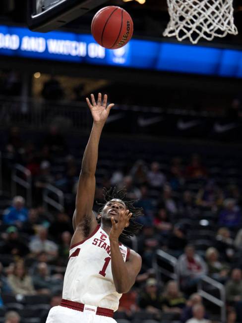 Stanford's guard Daejon Davis (1) attempts a point during the Pac-12 tournament at T-Mobile Are ...