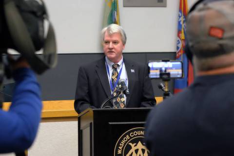 Kevin Dick, health officer for the Washoe County Health District, takes questions on the county ...