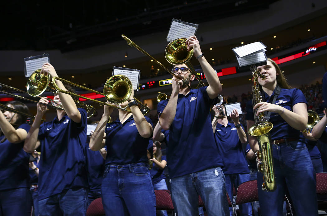 Members of the Gonzaga band perform during the first half of a West Coast Conference semifinal ...