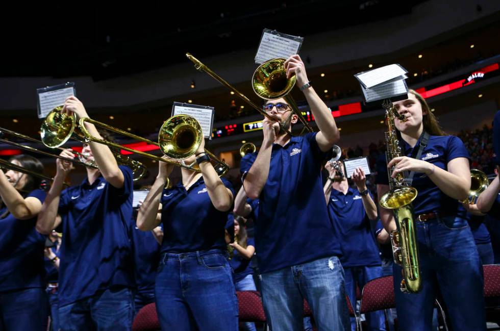 Members of the Gonzaga band perform during the first half of a West Coast Conference semifinal ...