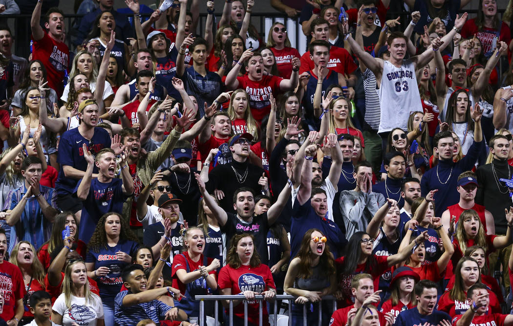 Gonzaga Bulldogs react during the second half of a West Coast Conference semifinal basketball g ...