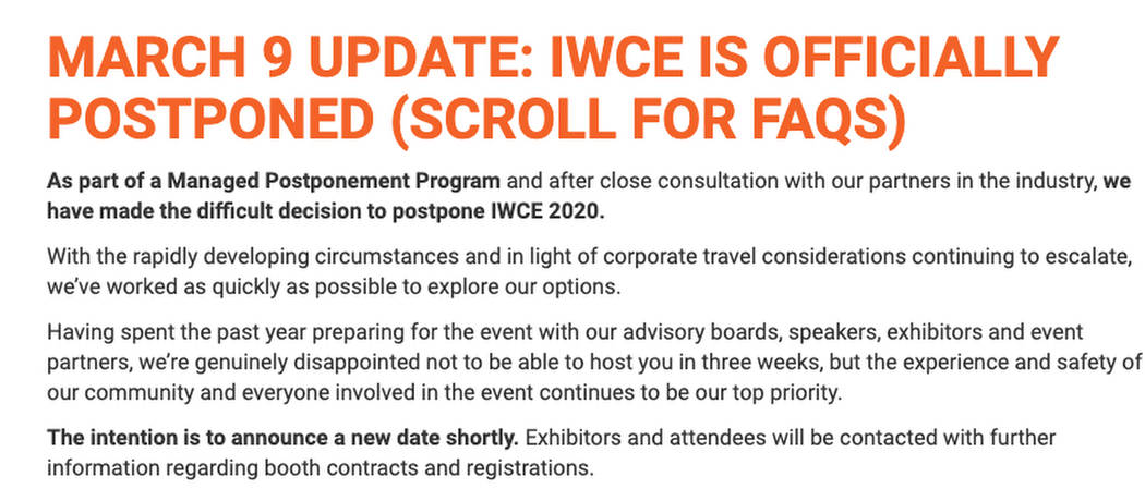 Screen shot from www.iwceexpo.com on Tuesday March 10, 2020.