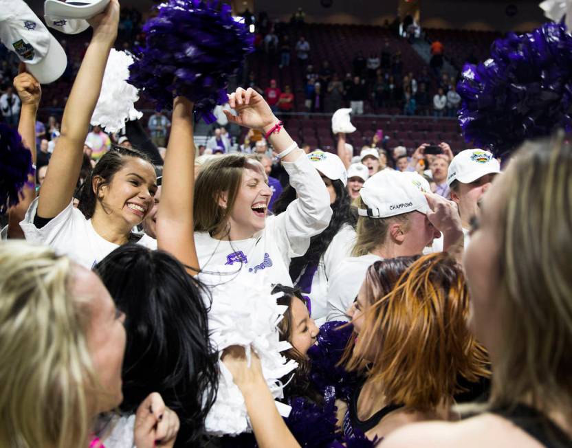 The Portland Pilots celebrate after winning the West Coast Conference championship against the ...