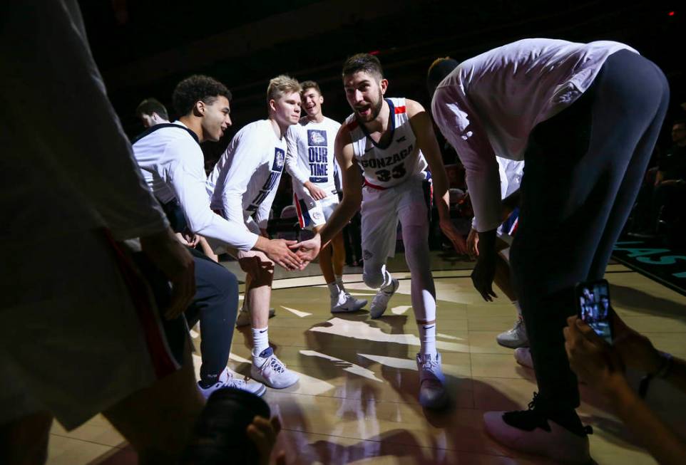 Gonzaga Bulldogs' Killian Tillie (33) is introduced before the start of the West Coast Conferen ...