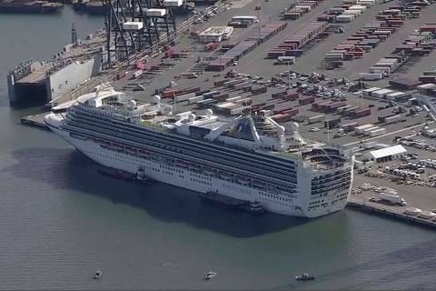 This photo taken from pool video provided by KGO-TV, shows the Grand Princess cruise ship docke ...