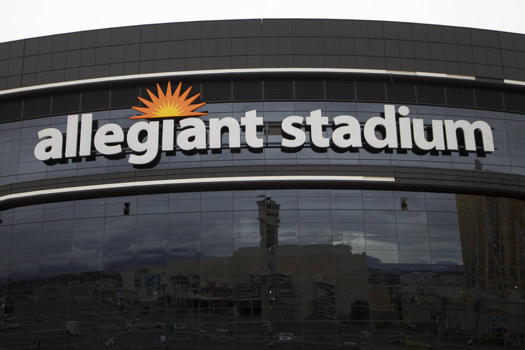 Signage is installed at the Raiders Allegiant Stadium in Las Vegas, Tuesday, March 10, 2020. (E ...