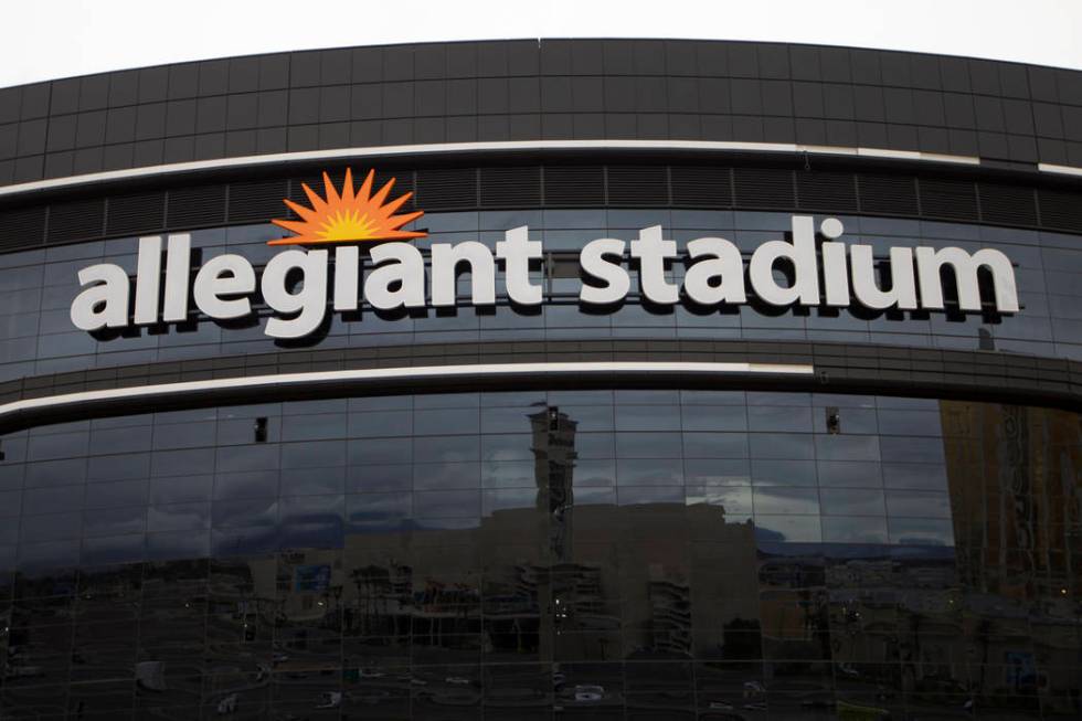 Signage is installed at the Raiders Allegiant Stadium in Las Vegas, Tuesday, March 10, 2020. (E ...