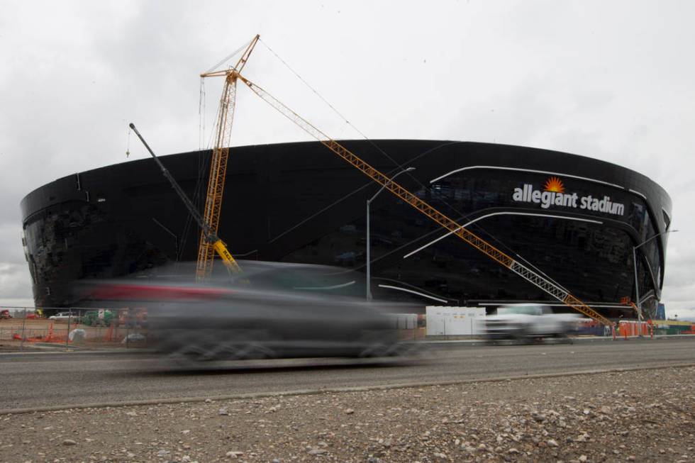 Signage is installed at the Raiders Allegiant Stadium in Las Vegas, Tuesday, March 10, 2020. (E ...