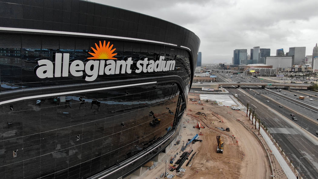 Aerial view of newly installed signage for Allegiant Stadium, future home of the Las Vegas Raid ...