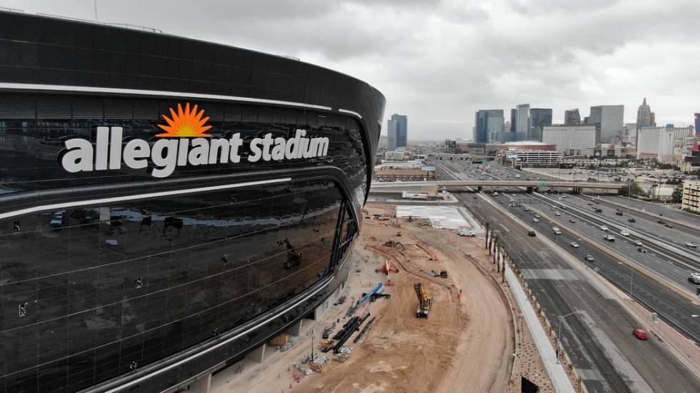 Aerial view of newly installed signage for Allegiant Stadium, future home of the Las Vegas Raid ...