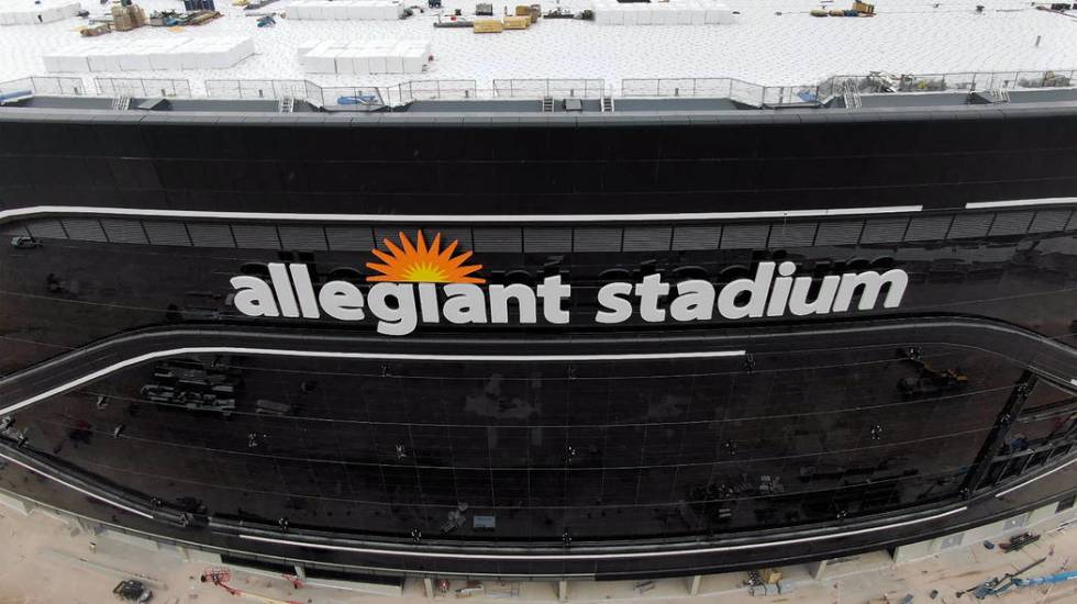 Aerial view of newly installed signage for Allegiant Stadium, future home of the Las Vegas Raid ...