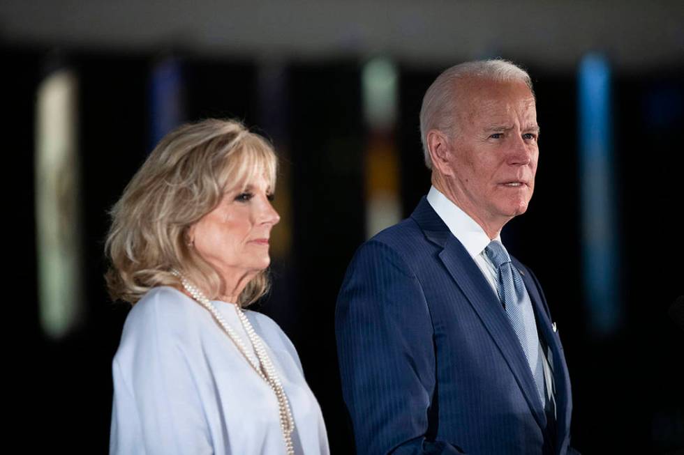 Democratic presidential candidate former Vice President Joe Biden, accompanied by his wife Jill ...