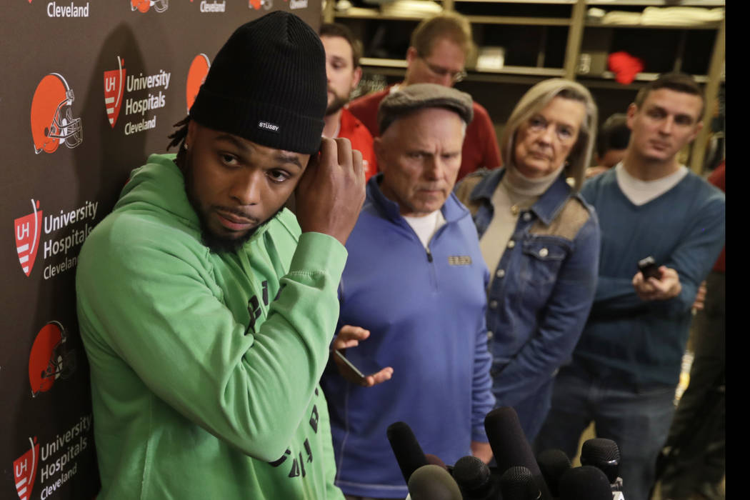 Cleveland Browns outside linebacker Christian Kirksey speaks to the media at the NFL football t ...