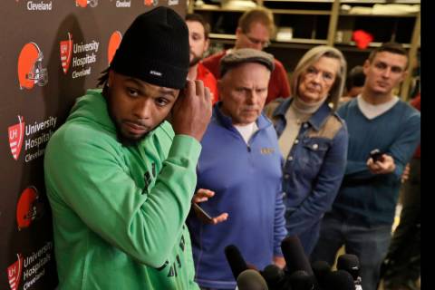 Cleveland Browns outside linebacker Christian Kirksey speaks to the media at the NFL football t ...