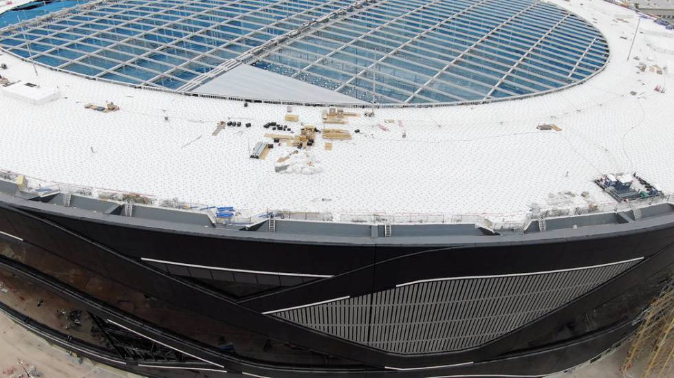 Aerial view of Allegiant Stadium shows the initial installation of the first Ethylene Tetrafluo ...