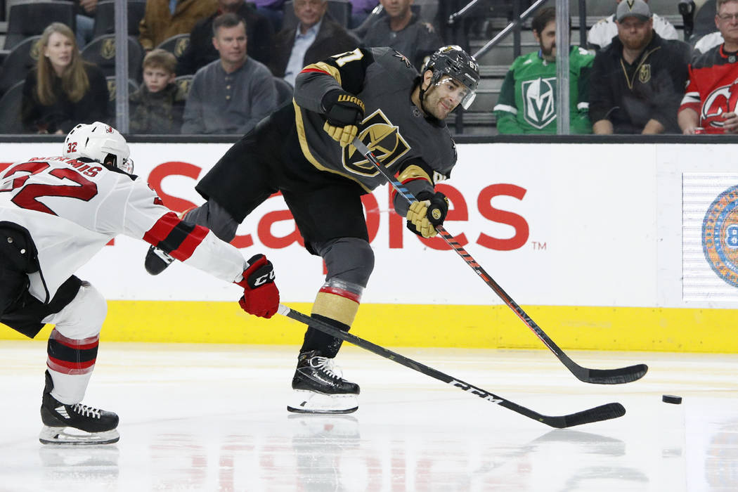 Vegas Golden Knights left wing Max Pacioretty (67) shoots to score against the New Jersey Devil ...