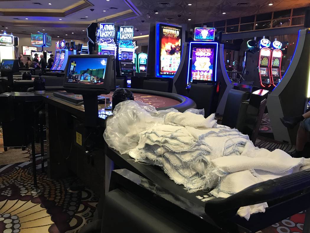 Cleaning supplies at MGM Grand hotel-casino on March 12, 2020, in Las Vegas. (Ellen Schmidt/Las ...