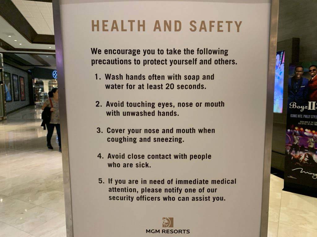 A health and safety sign at The Mirage on the Las Vegas Strip, Thursday, March 12, 2020. (Sabri ...