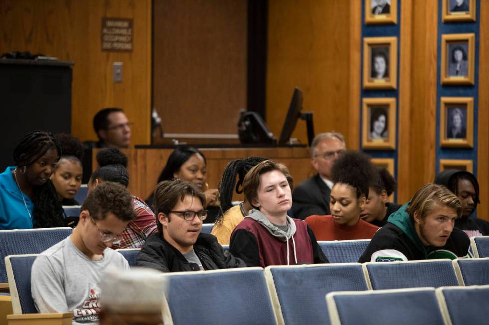 A group of students attended the CCSD Board of Trustees meeting to discuss COVID-19 at Edward A ...