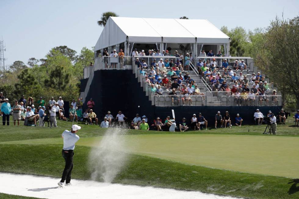 A small crowd watches Scottie Scheffler hit from the sand on the eighth hole, during the first ...