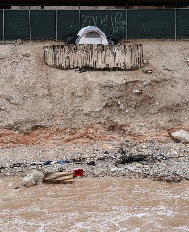 A homeless tent is seen near the Flamingo Wash on Cambridge Street near Flamingo Road on Friday ...