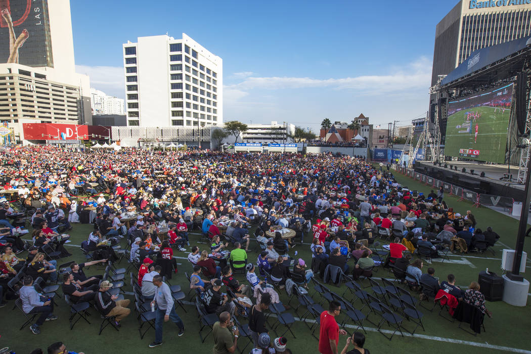 The crowd at a watch party for the Super Bowl LIV at the Downtown Las Vegas Events Center in La ...