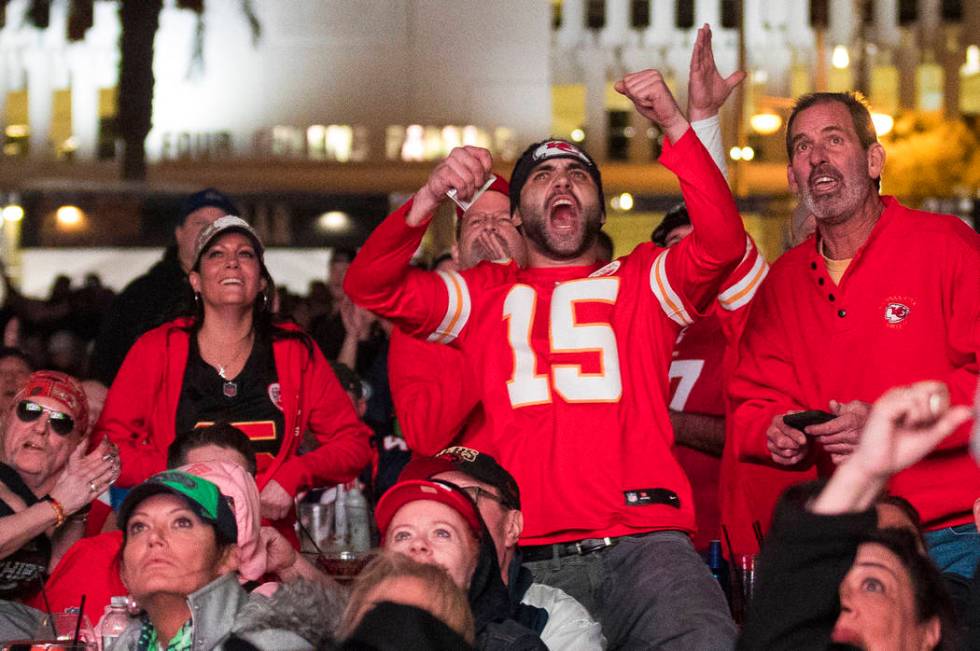 The crowd responds to the Kansas City Chiefs winning Super Bowl LIV at a watch party at the Dow ...