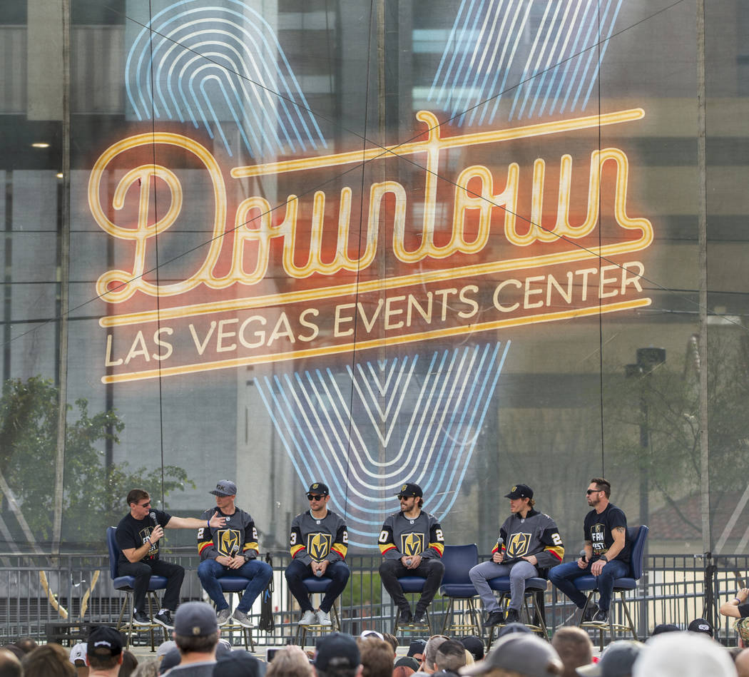 Vegas Golden Knights' sportscasters Dave Goucher, left and Shane Hnidy, right, interview newer ...