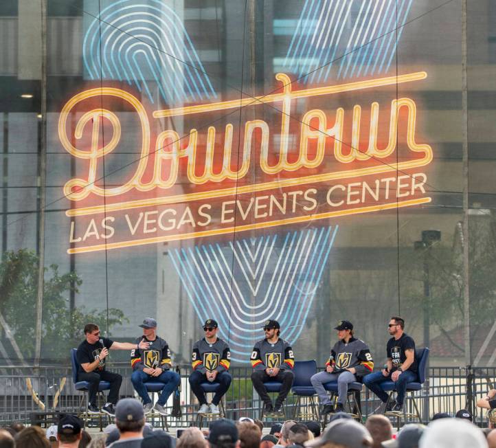 Vegas Golden Knights' sportscasters Dave Goucher, left and Shane Hnidy, right, interview newer ...