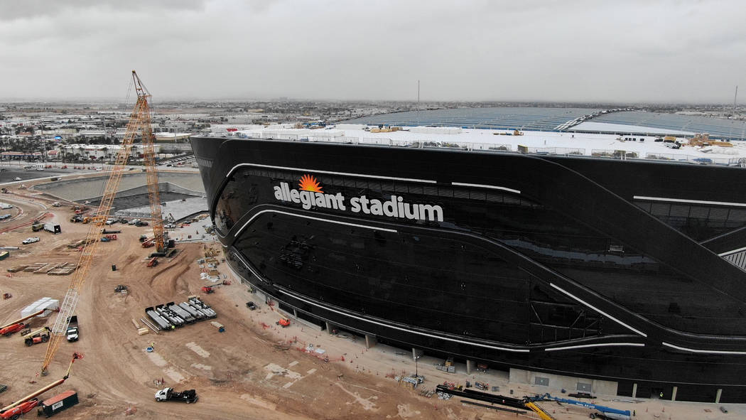 Aerial view of newly installed signage for Allegiant Stadium, future home of the Las Vegas Raid ...