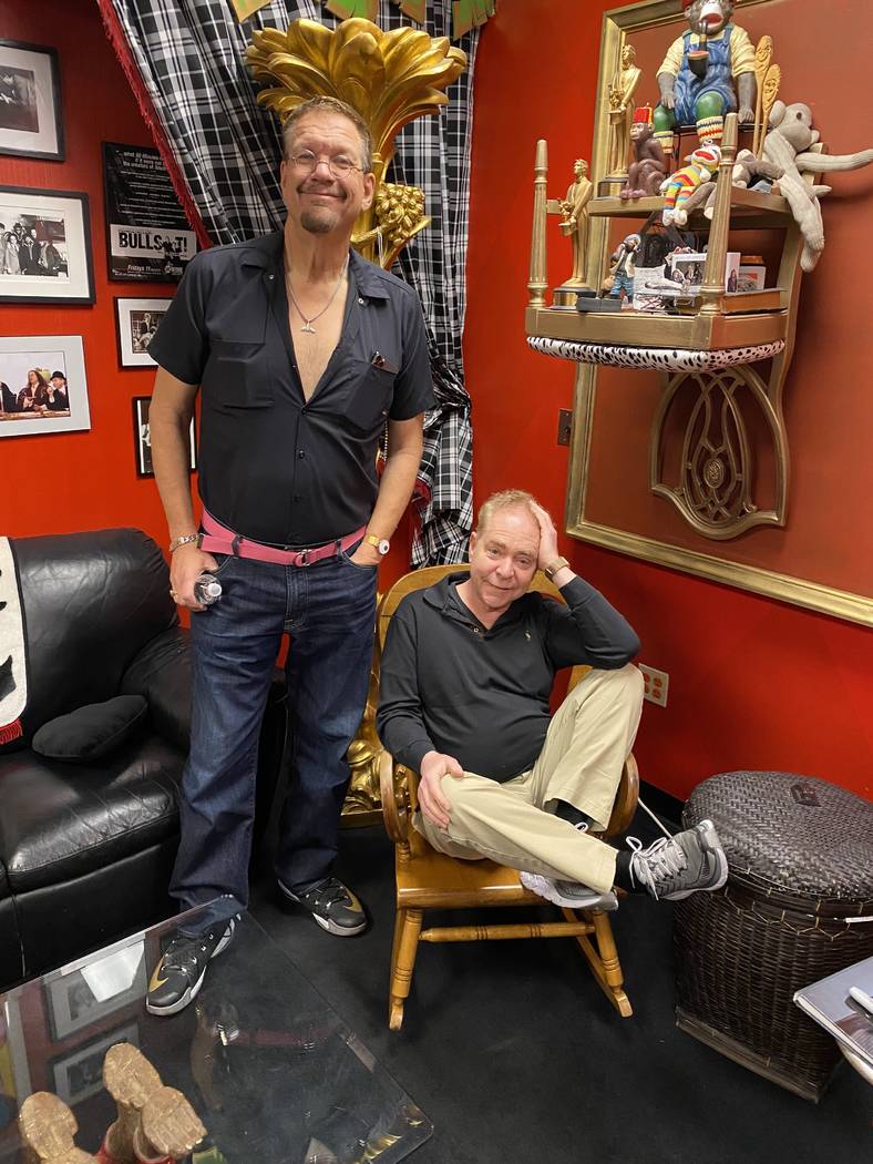 Penn & Teller are shown in the Monkey Room at the Rio on Tuesday, Feb. 25, 2020. (John Katsilom ...