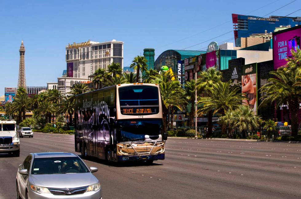 An RTC bus passes the New York-New York driving down the Strip on Tuesday, Aug. 13, 2019 in Las ...