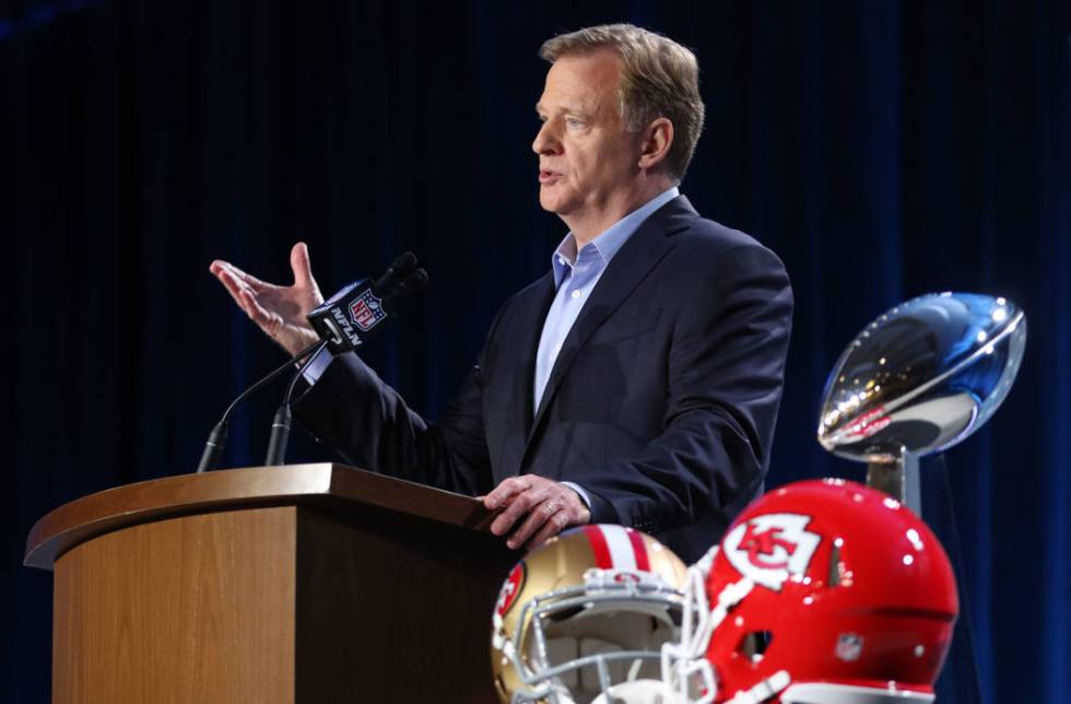 NFL Commissioner Roger Goodell speaks to media during his Super Bowl LIV news conference at the ...