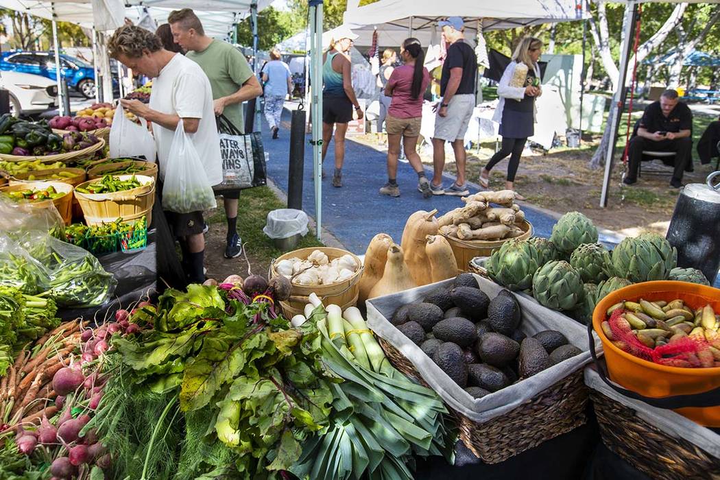 Fresh fruit and vegetables await customers at Rod's Produce Market within the Las Vegas Farmer' ...