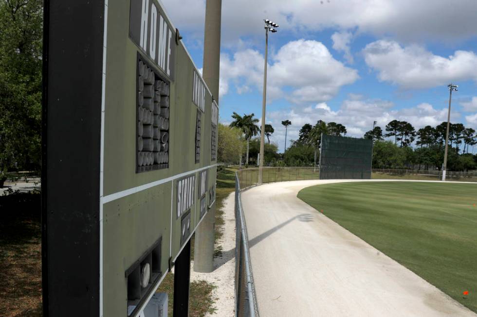An empty practice field is seen at the Miami Marlins spring training baseball facility, Monday, ...
