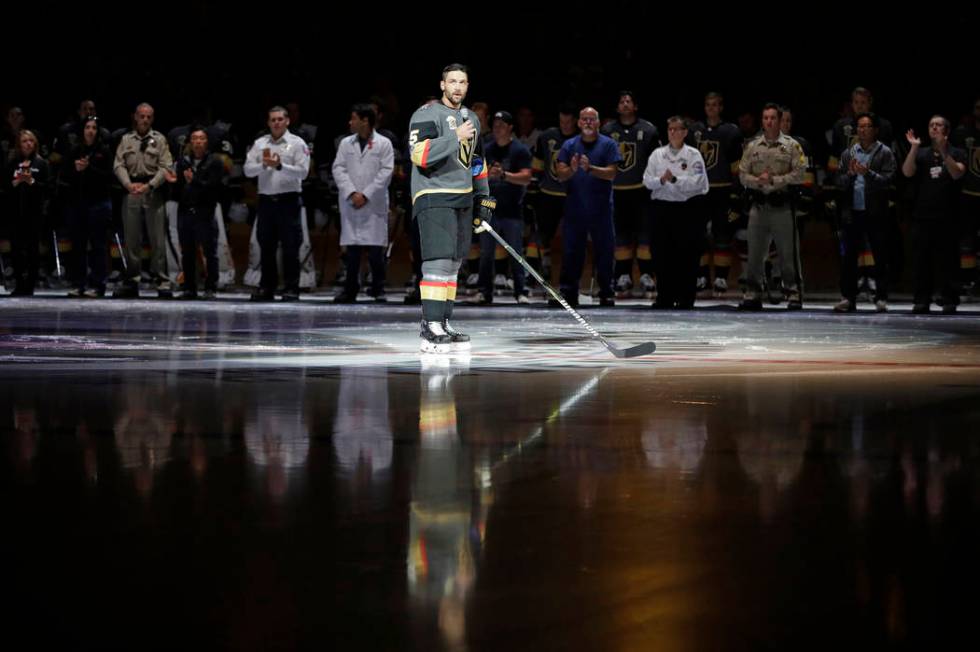 Vegas Golden Knights defenseman Deryk Engelland speaks during a ceremony to honor the first res ...