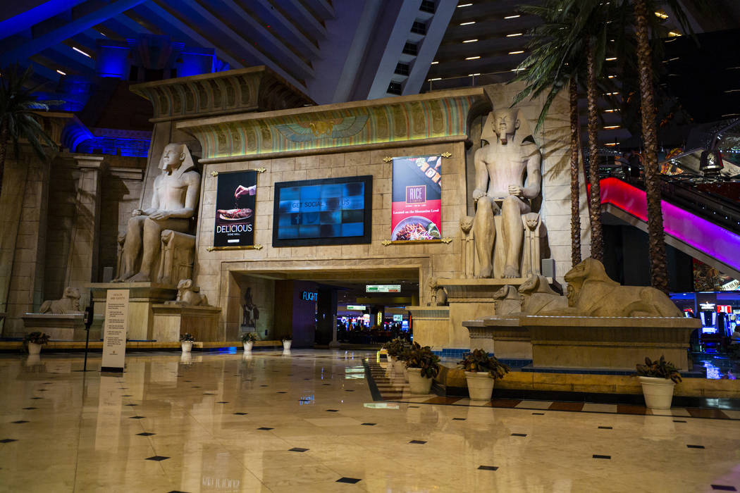A view of the front lobby at the Luxor in Las Vegas on Monday, March 16, 2020. MGM Resorts Inte ...