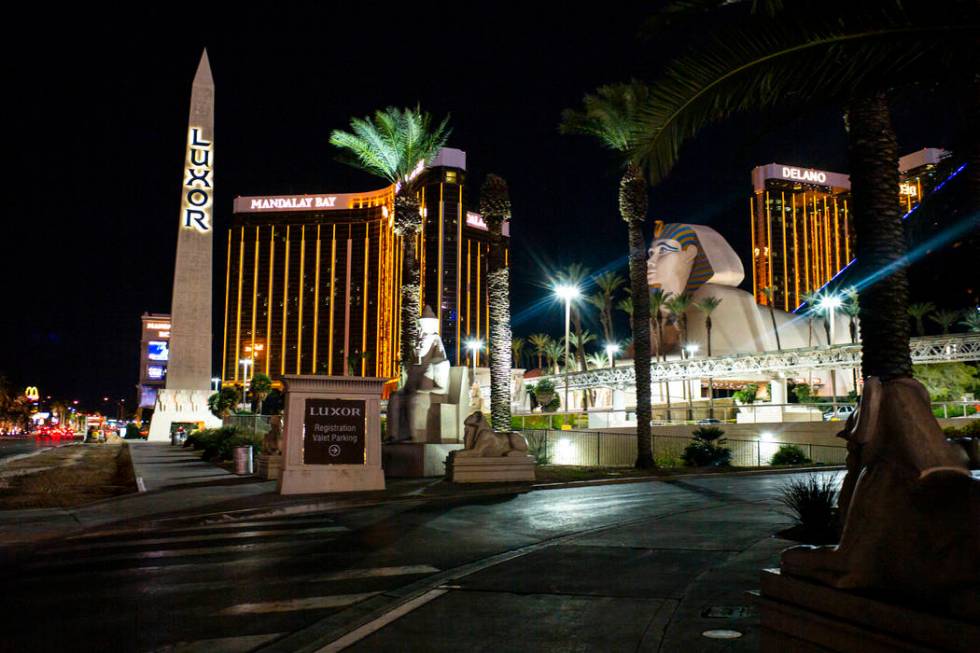 A view of the Luxor in Las Vegas on Monday, March 16, 2020. MGM Resorts International propertie ...