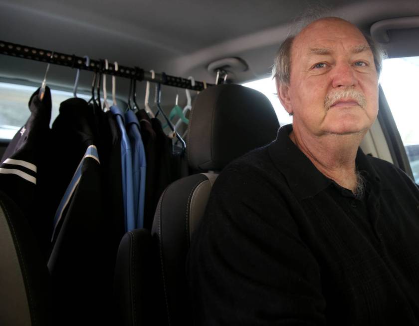 High school umpire Jim Bullock in his "locker room/office" at his Las Vegas home Tues ...