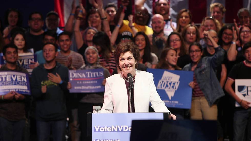 Jackie Rosen speaks at a rally at the Las Vegas Academy of the Arts Performing Arts Center in L ...